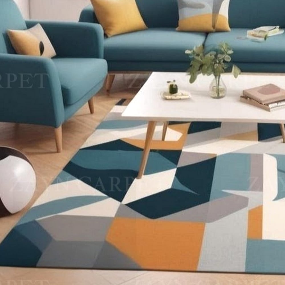 Handcrafted Geometric Blue Mustard Living Room Rug
